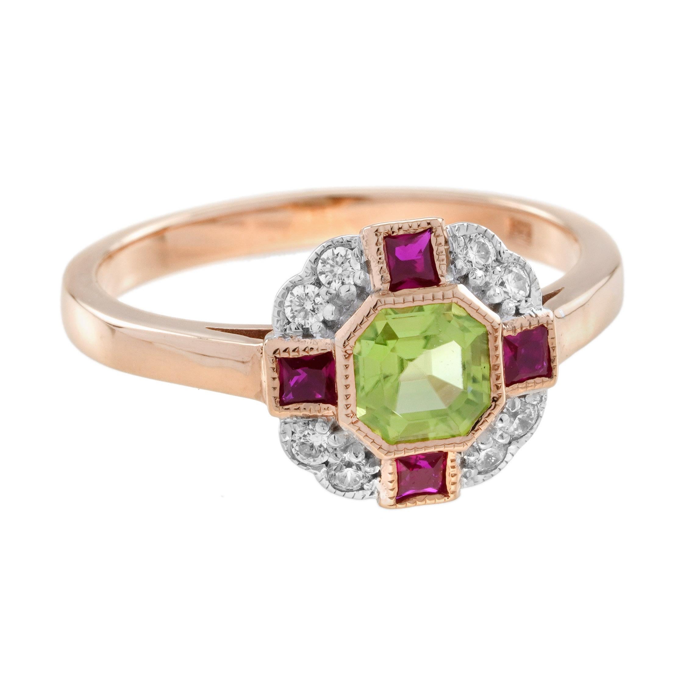 Peridot Ruby and Diamond Art Deco Style Ring in 14K Rose Gold en venta 1