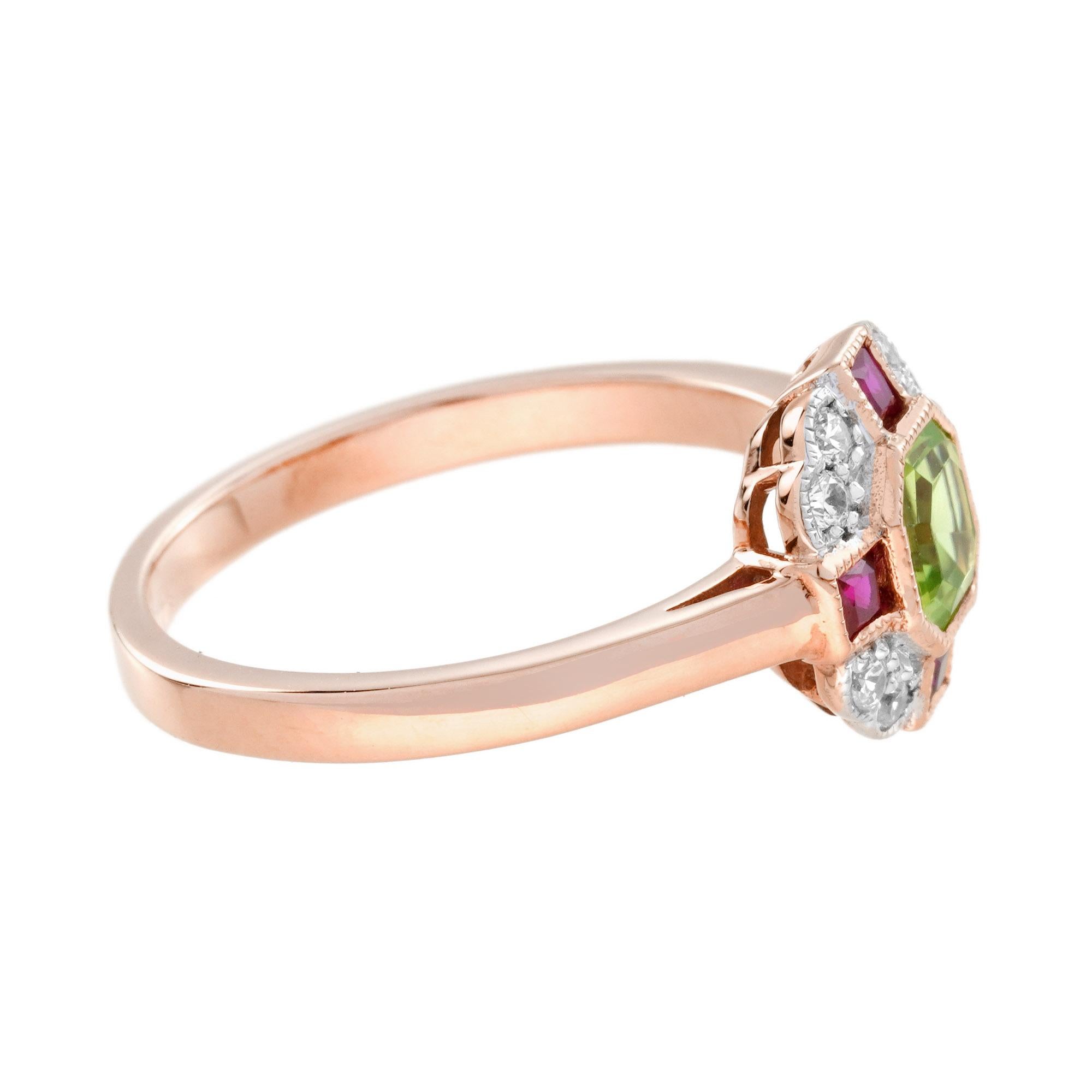 Peridot Ruby and Diamond Art Deco Style Ring in 14K Rose Gold en venta 2