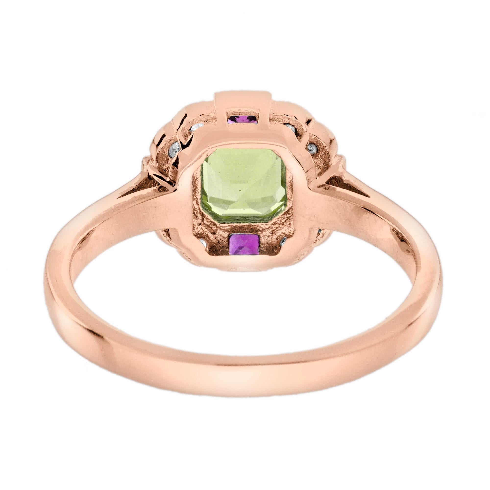 Peridot Ruby and Diamond Art Deco Style Ring in 14K Rose Gold en venta 3
