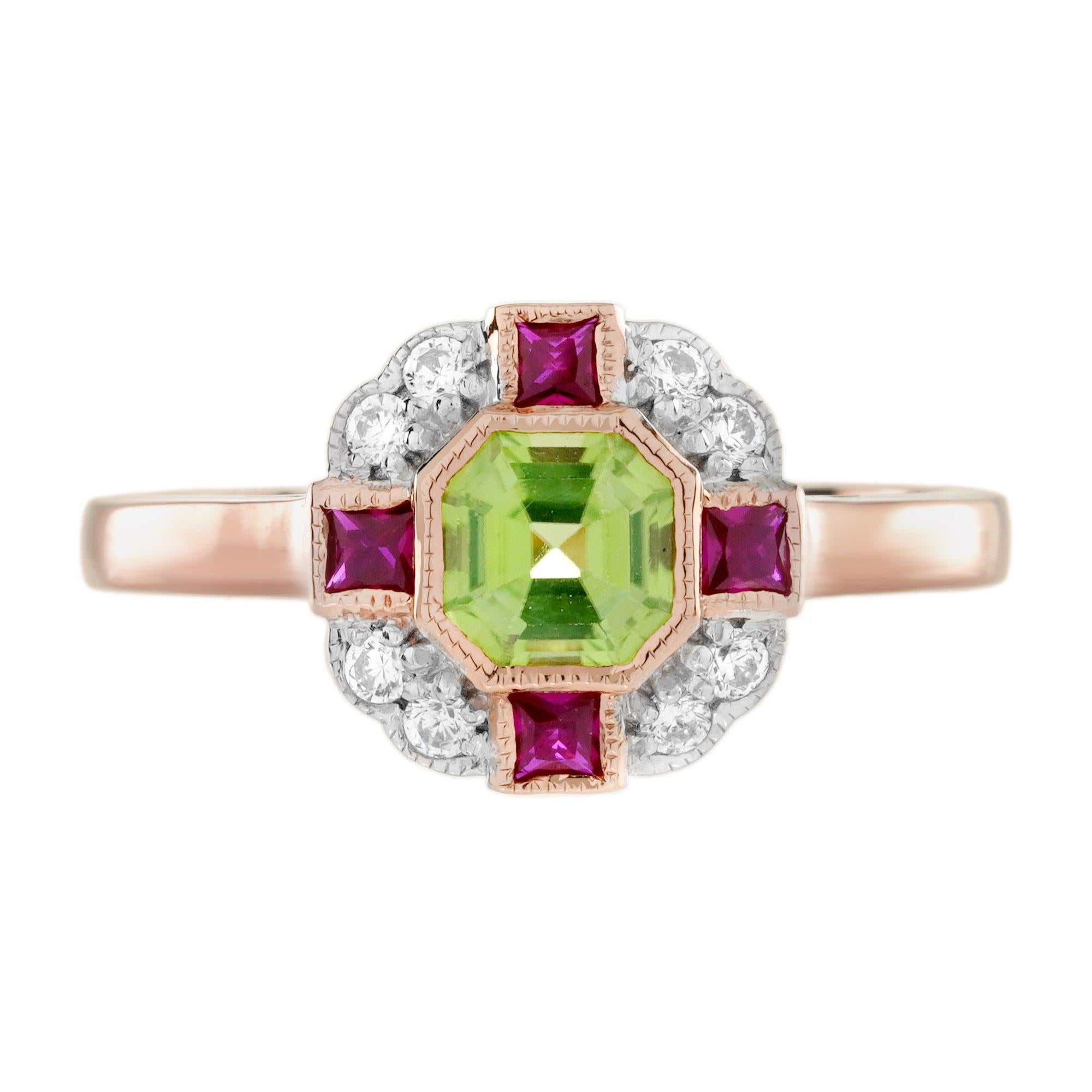 Peridot Ruby and Diamond Art Deco Style Ring in 14K Rose Gold