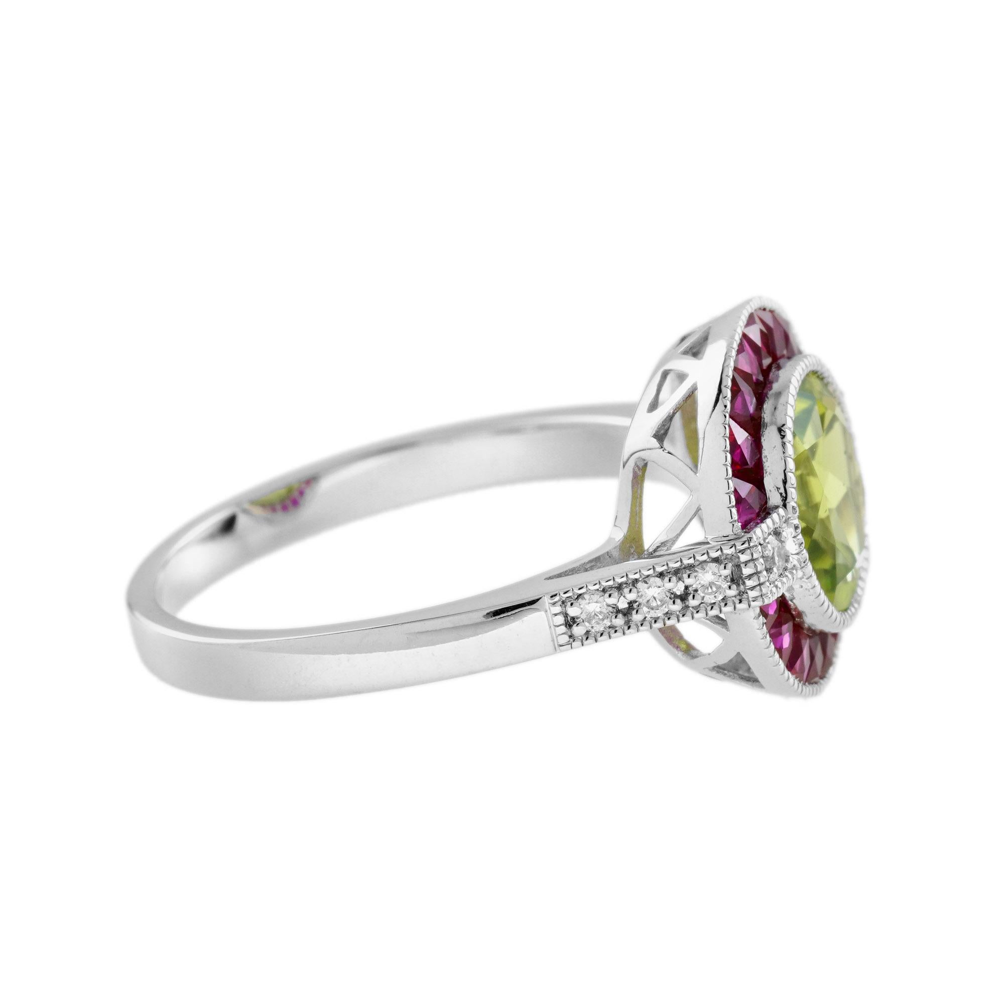 Round Cut Peridot Ruby Diamond Art Deco Style Celebrate Target 14K White Gold Ring For Sale