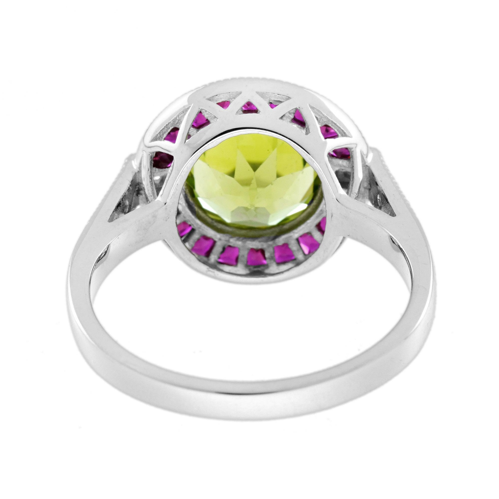 Peridot Ruby Diamond Art Deco Style Celebrate Target 14K White Gold Ring In New Condition For Sale In Oakton, VA