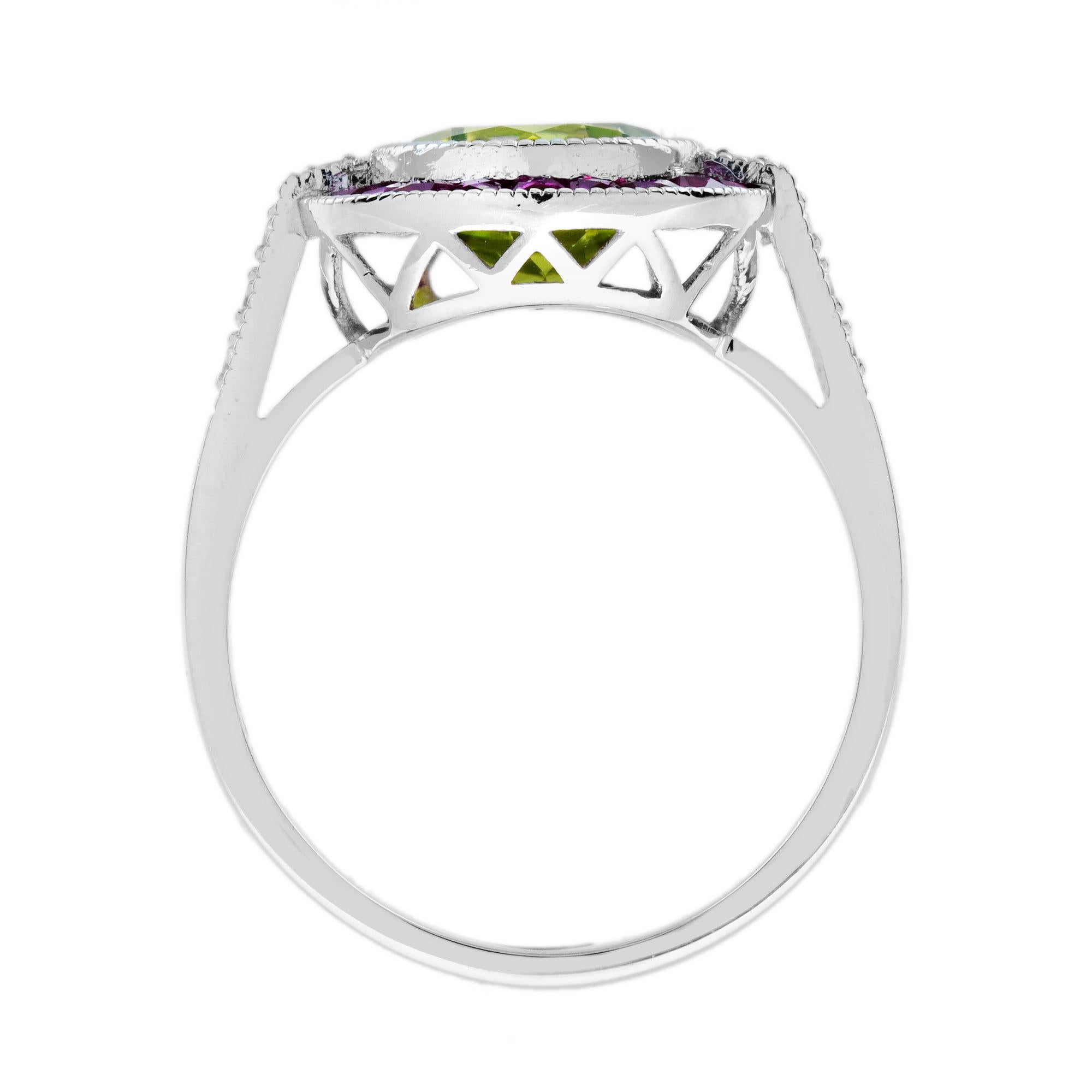 Women's Peridot Ruby Diamond Art Deco Style Celebrate Target 14K White Gold Ring For Sale