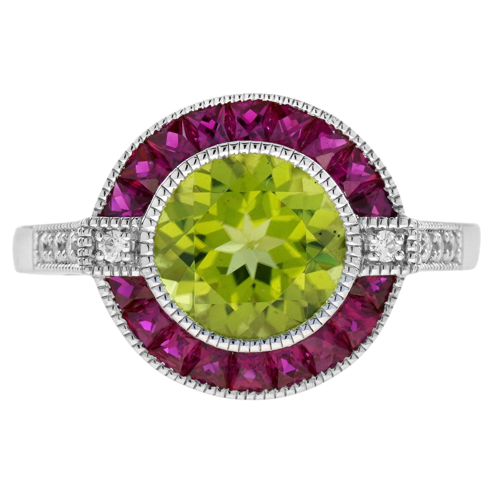 Peridot Ruby Diamond Art Deco Style Celebrate Target 14K White Gold Ring For Sale