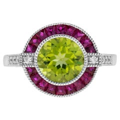Peridot Ruby Diamond Art Deco Style Celebrate Target 14K White Gold Ring