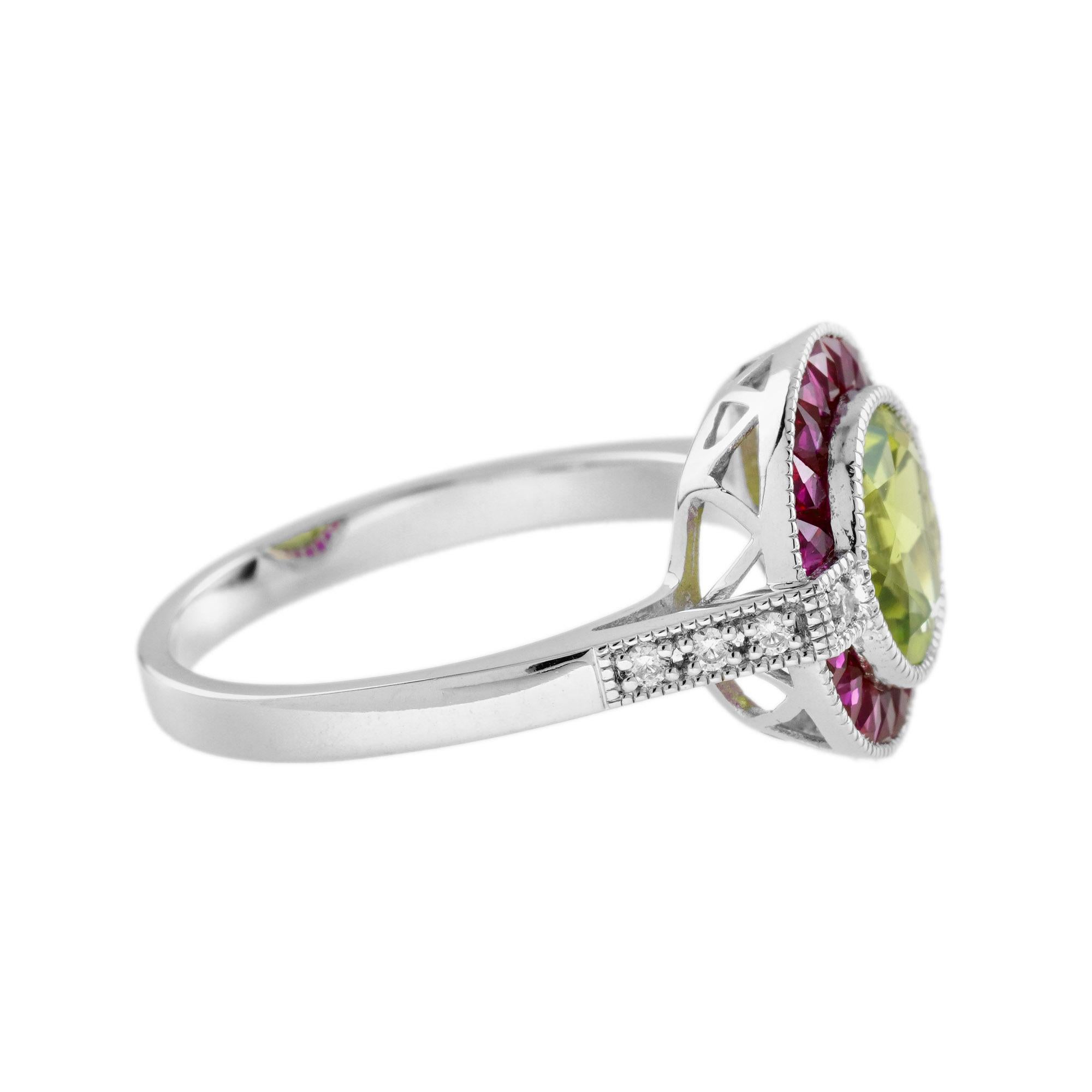 For Sale:  Peridot Ruby Diamond Art Deco Style Celebrate Target Ring in 14K White Gold 4