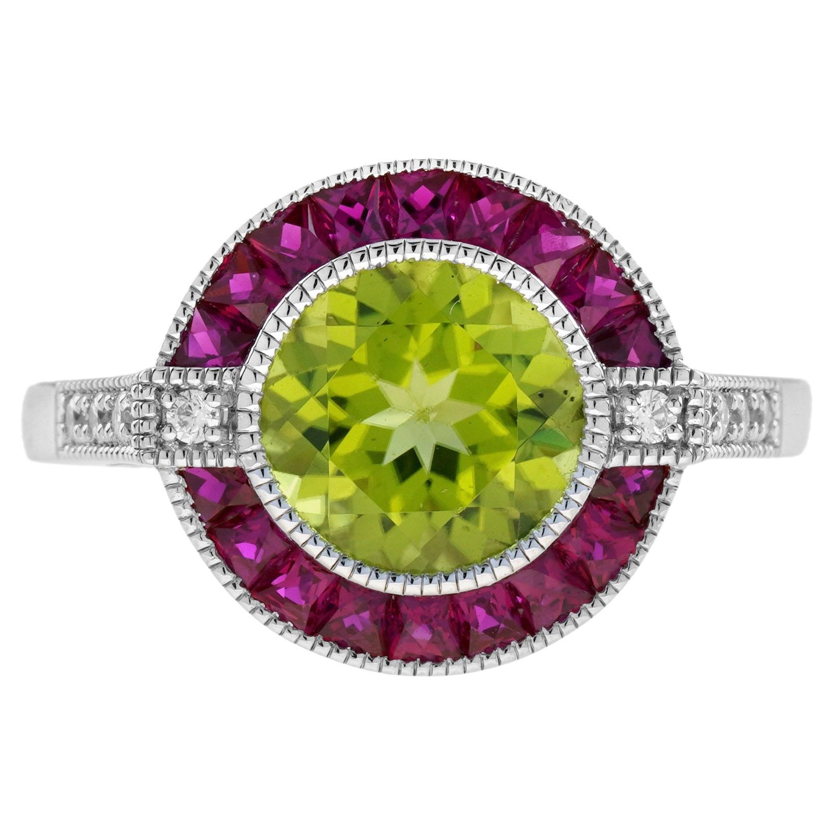 For Sale:  Peridot Ruby Diamond Art Deco Style Celebrate Target Ring in 14K White Gold