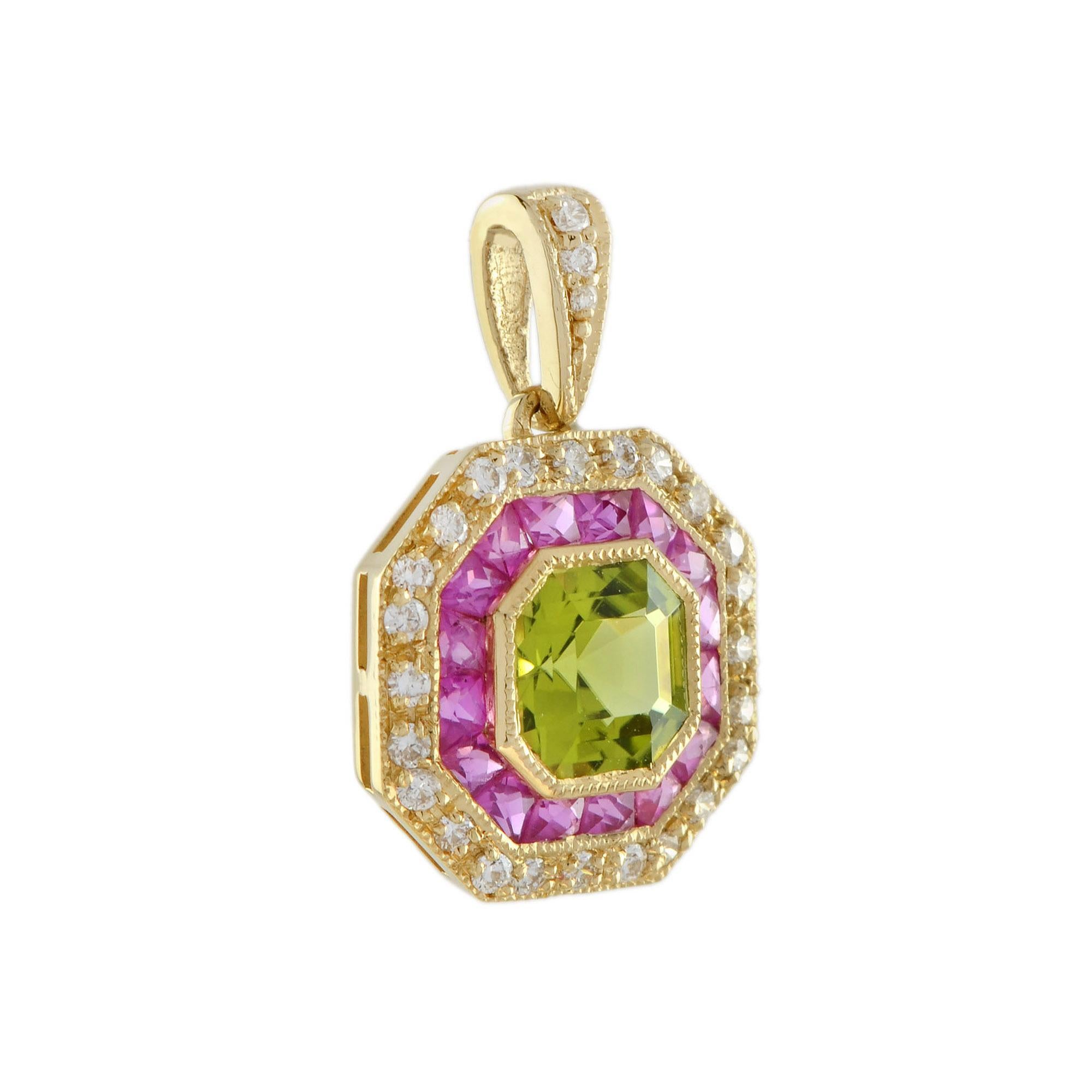 Colgante de diana estilo Art Decó de oro amarillo de 14 quilates con peridoto, rubí y diamante Corte Asscher en venta
