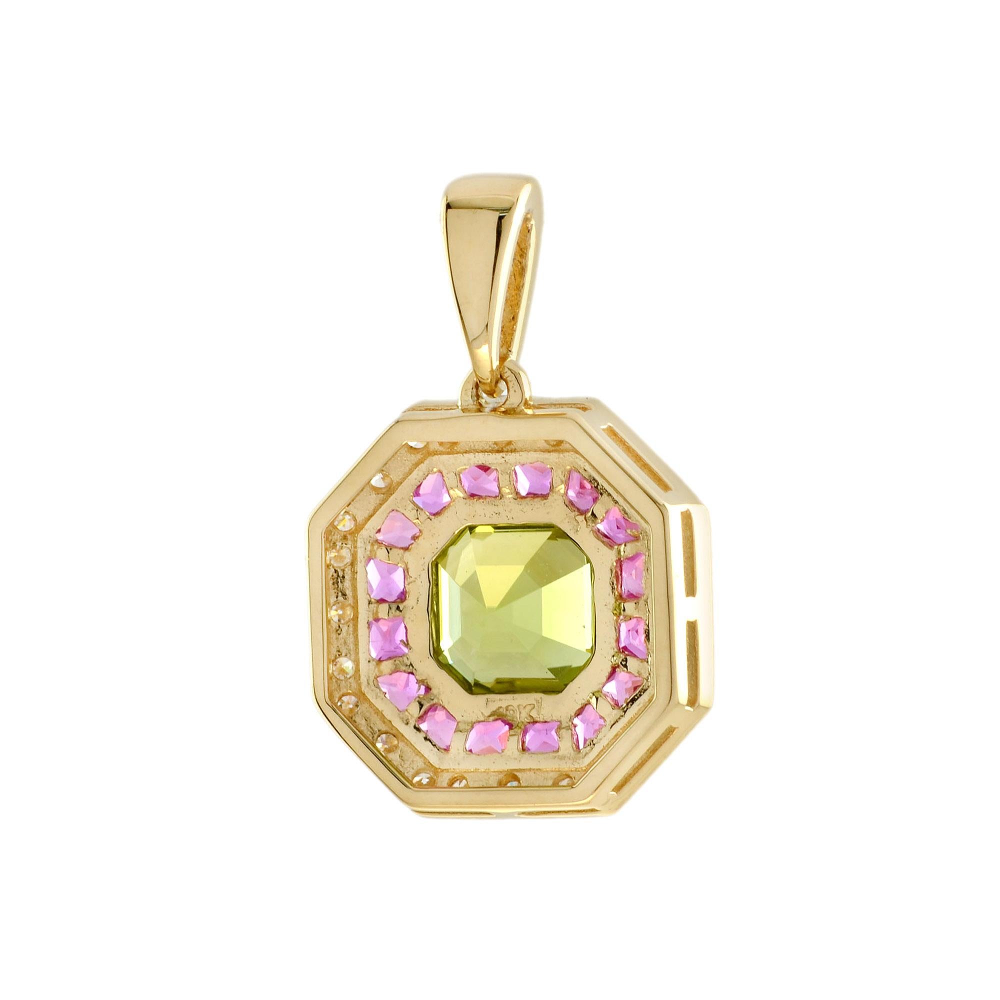 Colgante de diana estilo Art Decó de oro amarillo de 14 quilates con peridoto, rubí y diamante en Nuevo estado para la venta en Bangkok, TH
