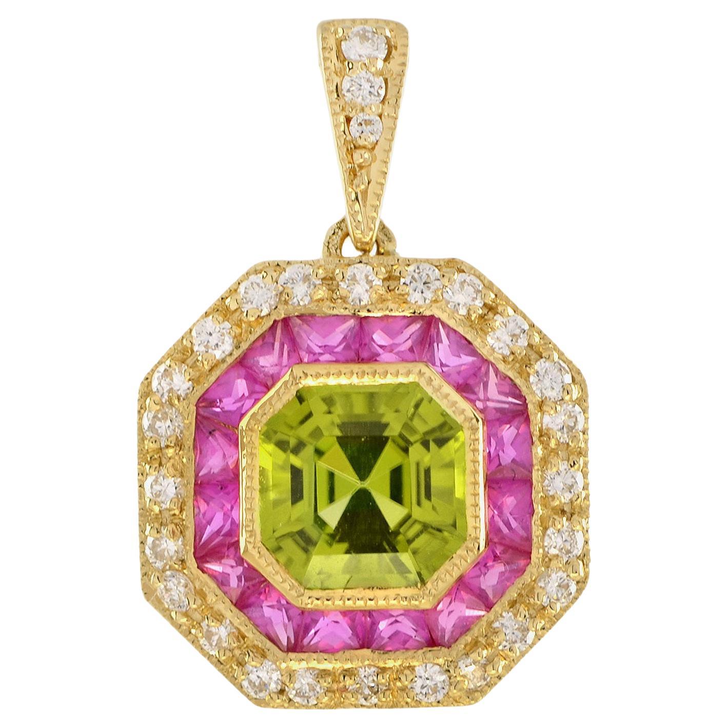 Colgante de diana estilo Art Decó de oro amarillo de 14 quilates con peridoto, rubí y diamante en venta