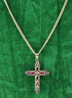 Peridot Ruby and Sapphire Gold Cross on Chain