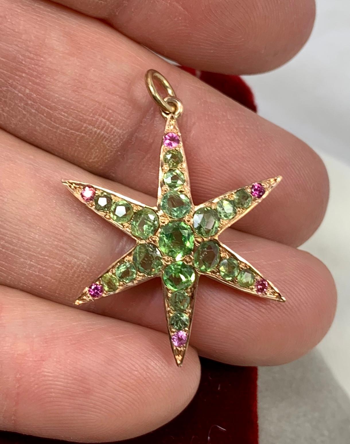Edwardian Peridot Ruby Star Starfish Lavaliere Pendant Necklace Victorian 14 Karat Gold