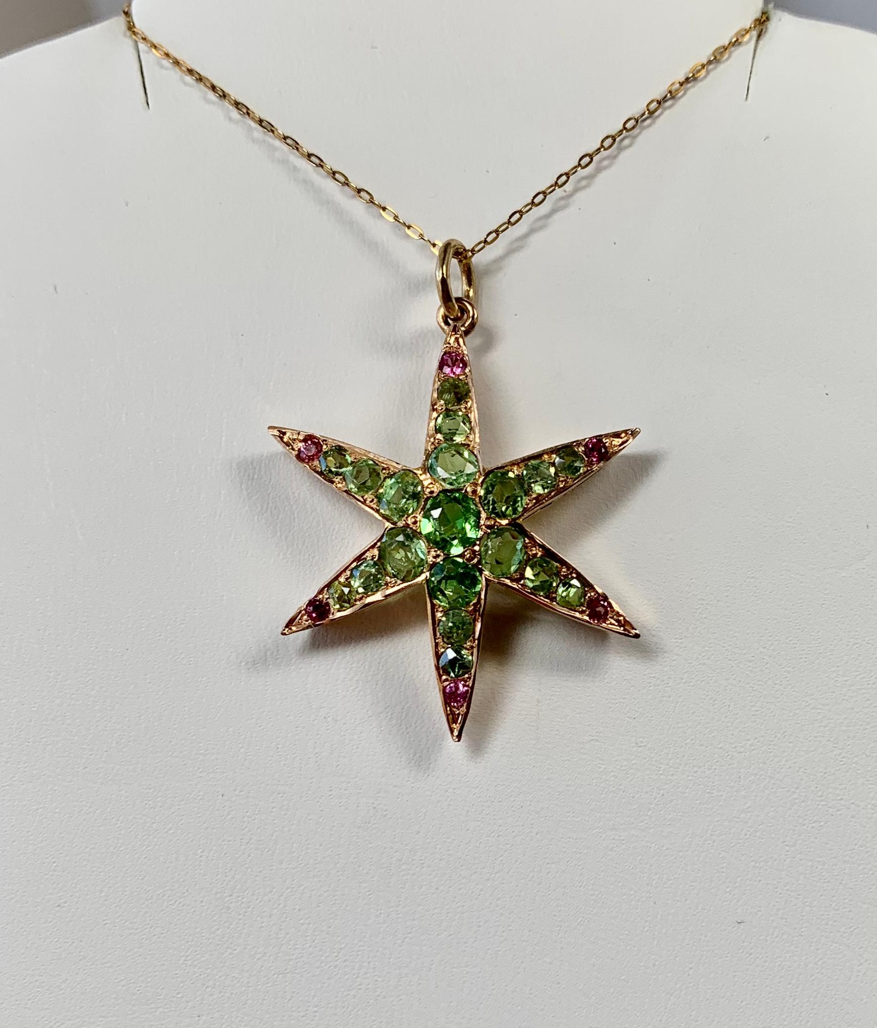Round Cut Peridot Ruby Star Starfish Lavaliere Pendant Necklace Victorian 14 Karat Gold