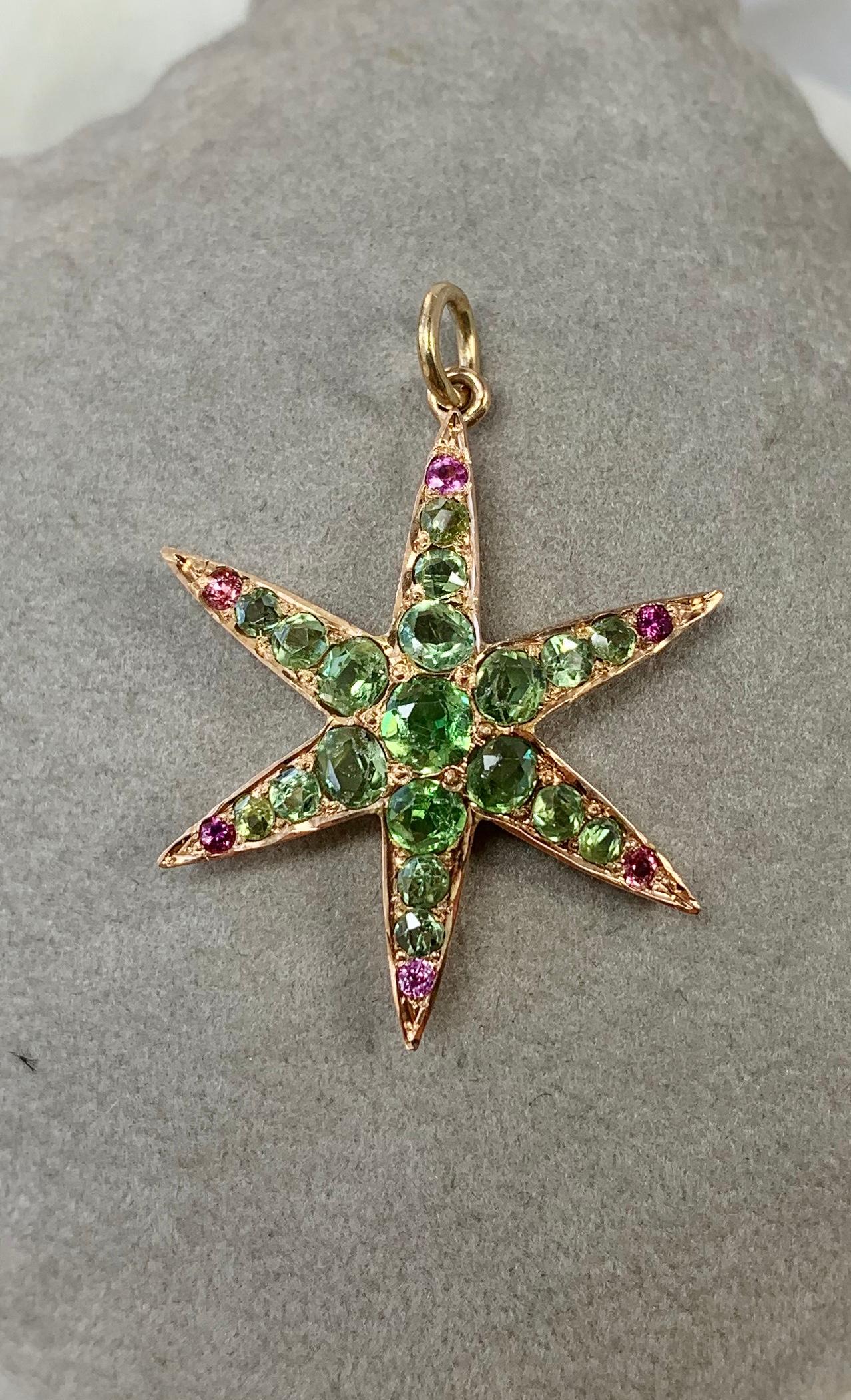 Peridot Ruby Star Starfish Lavaliere Pendant Necklace Victorian 14 Karat Gold In Good Condition In New York, NY
