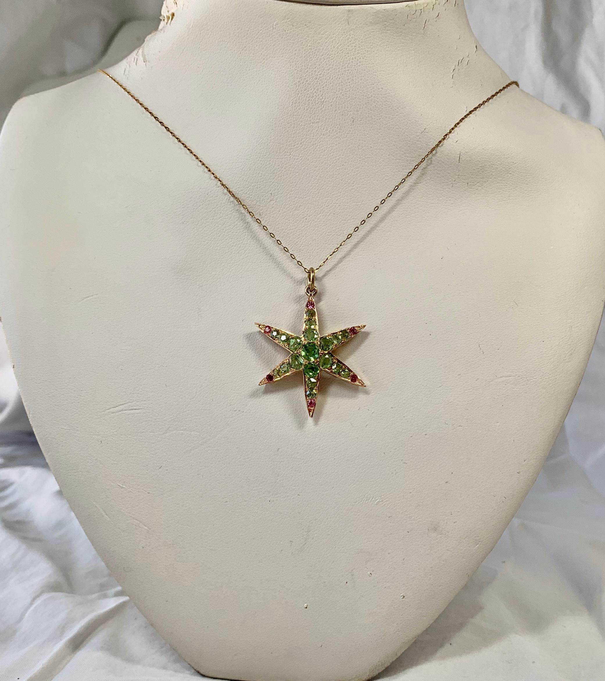 Women's Peridot Ruby Star Starfish Lavaliere Pendant Necklace Victorian 14 Karat Gold