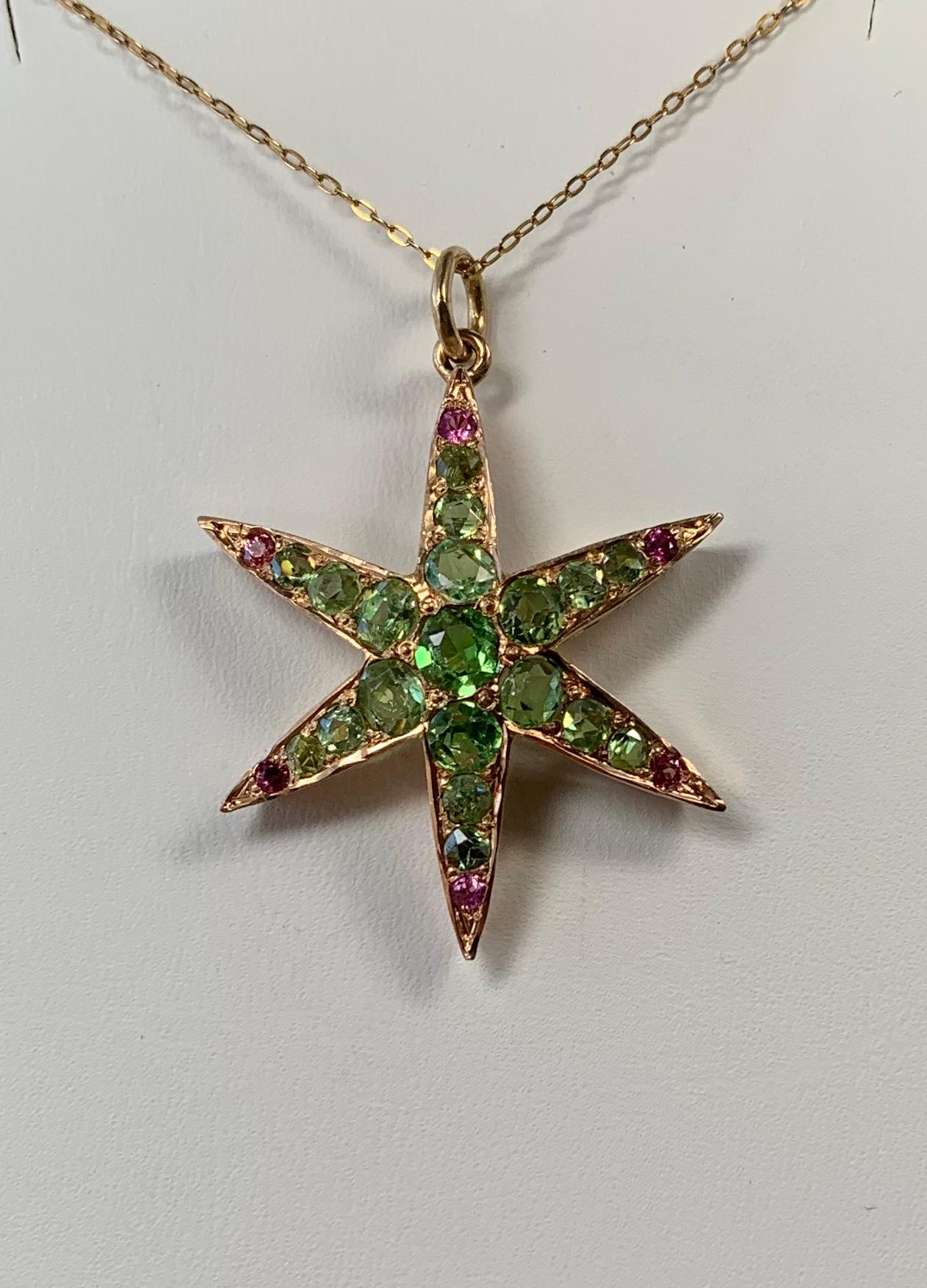 Peridot Ruby Star Starfish Lavaliere Pendant Necklace Victorian 14 Karat Gold 1