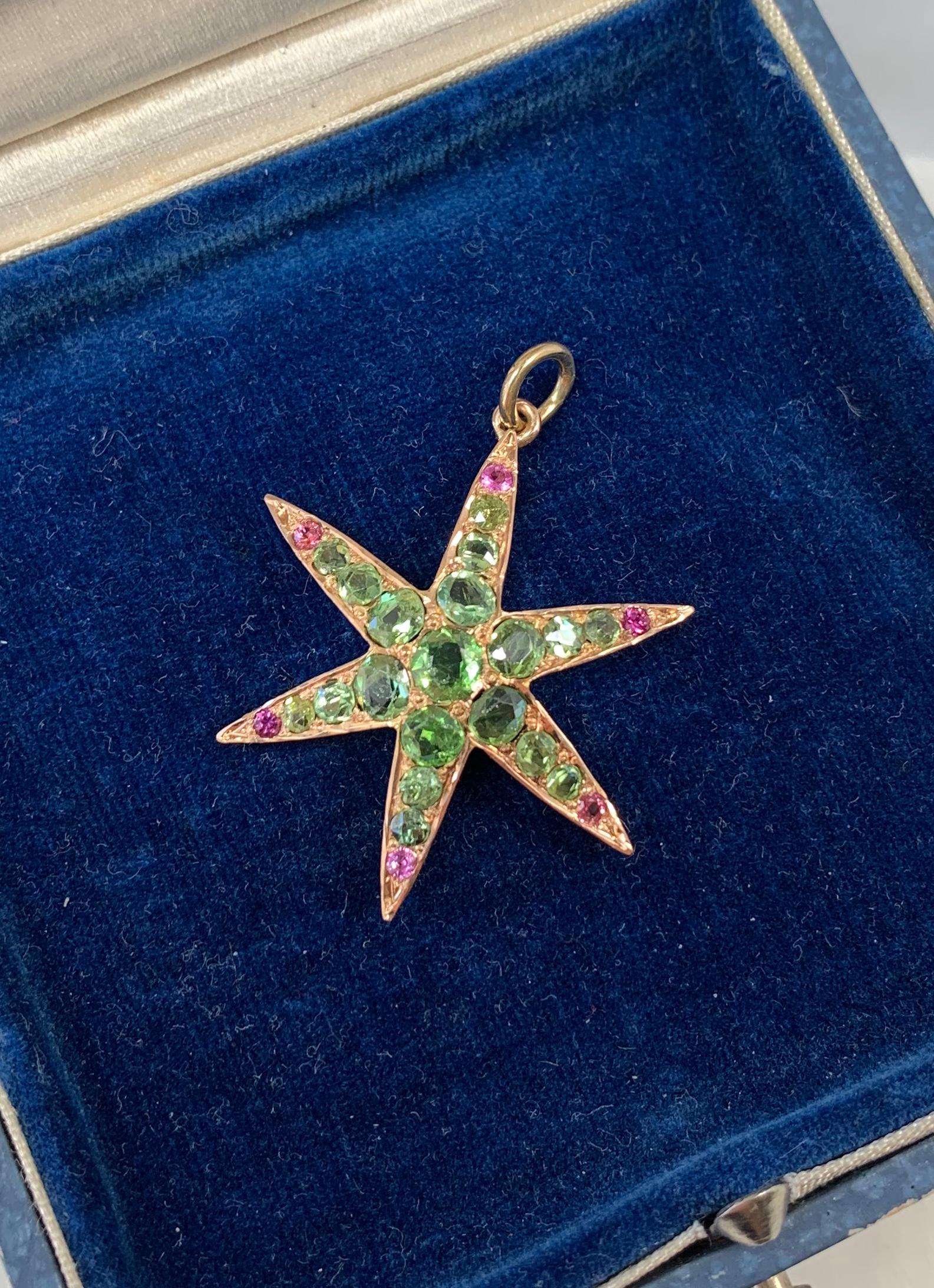Peridot Ruby Star Starfish Lavaliere Pendant Necklace Victorian 14 Karat Gold 2
