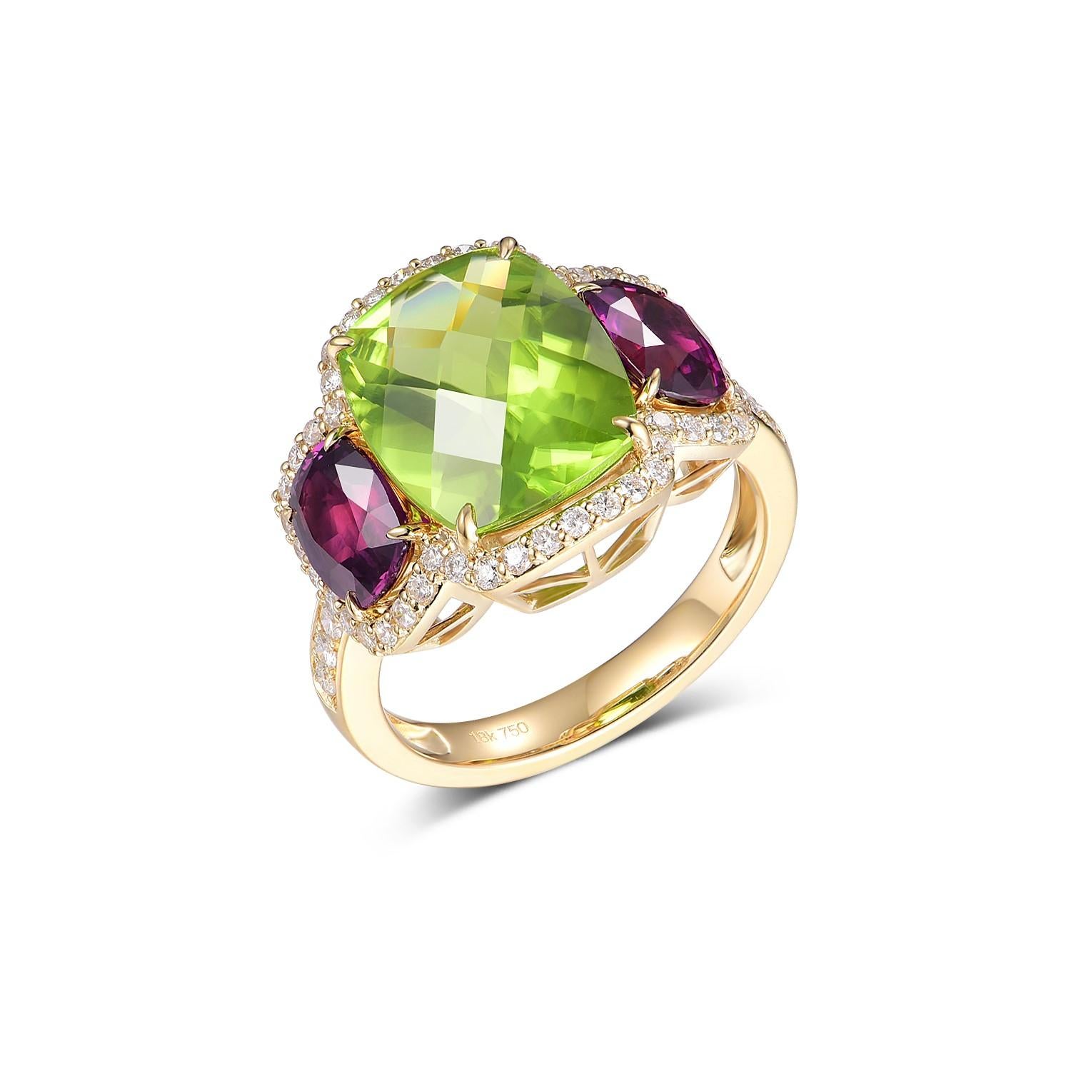 An enchanting piece of fine jewelry, this ring seamlessly melds timeless design with a burst of vibrant hues. Set in luxurious 18K yellow gold, the main attraction is a resplendent rectangle facet-cut peridot, weighing in at a substantial 5.41