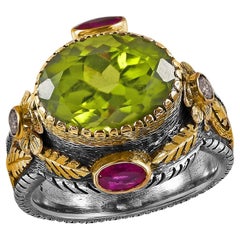 Peridot Sapphire DIamond 18k Gold Silver Cocktail Ring