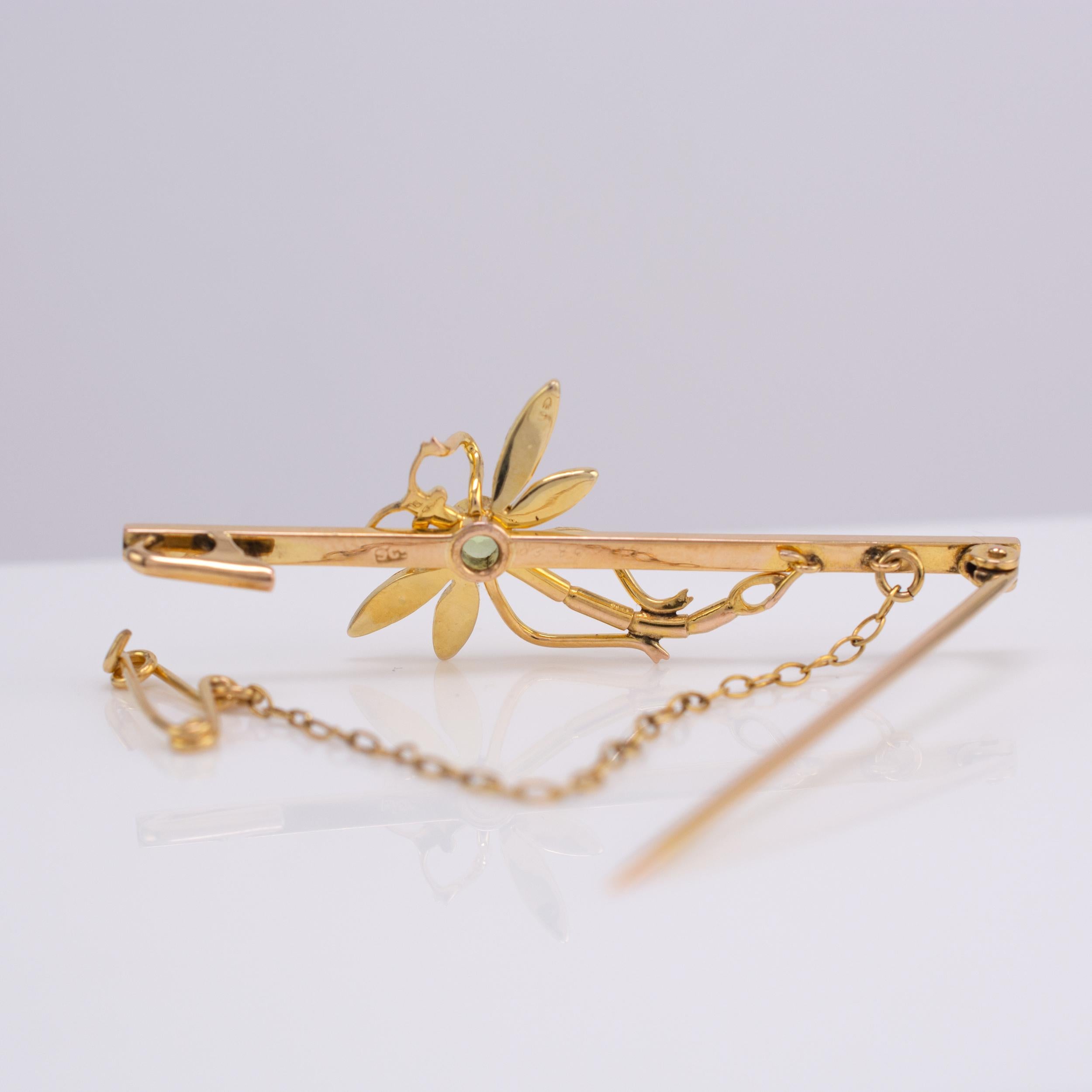 Round Cut Antique Peridot & Pearl Dragonfly Insect Brooch Pin