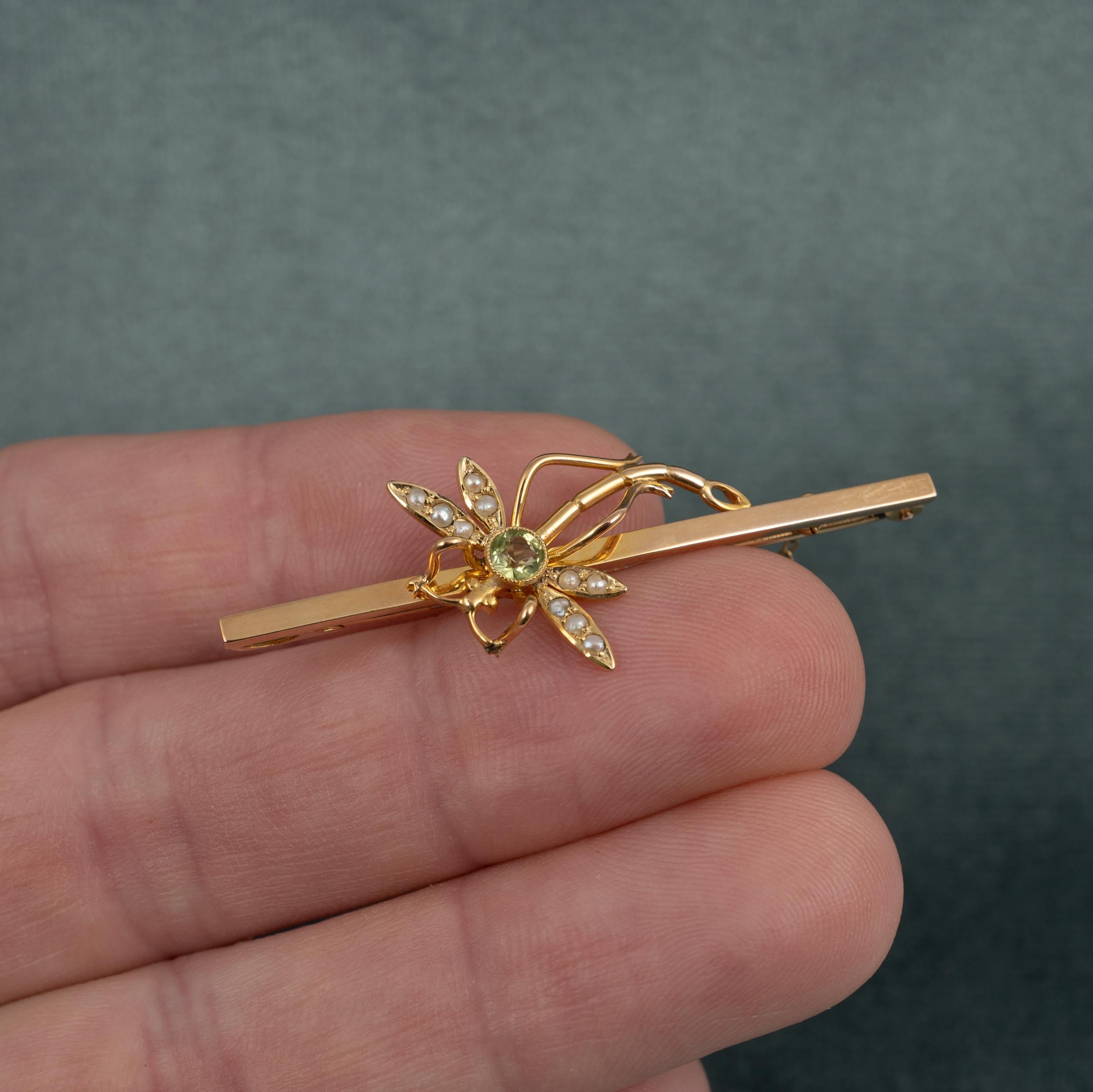 Art Nouveau Antique Peridot & Pearl Dragonfly Insect Brooch Pin