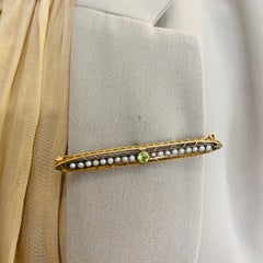 Peridot Seed Pearl Vintage Openwork Bar Brooch, .50 Carats in 14K Yellow Gold LV