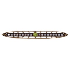 Peridot Seed Pearl Antique Openwork Bar Brooch, .50 Carats in 14K Yellow Gold LV
