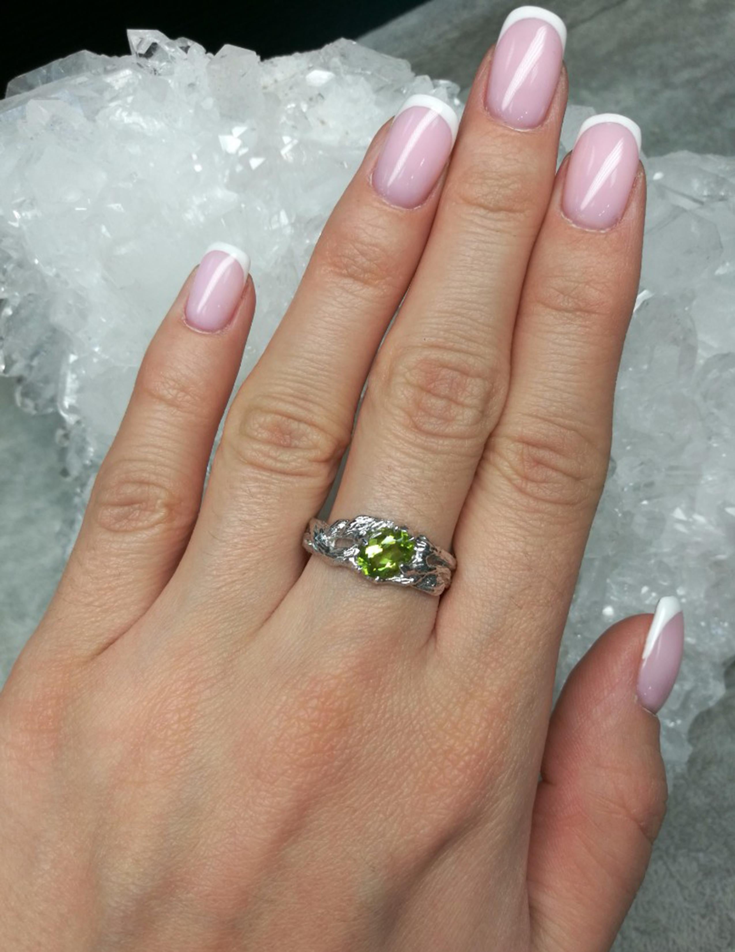 Artisan Peridot Silver Ring Fancy Oval Bright Green Natural Chinese Gemstone For Sale