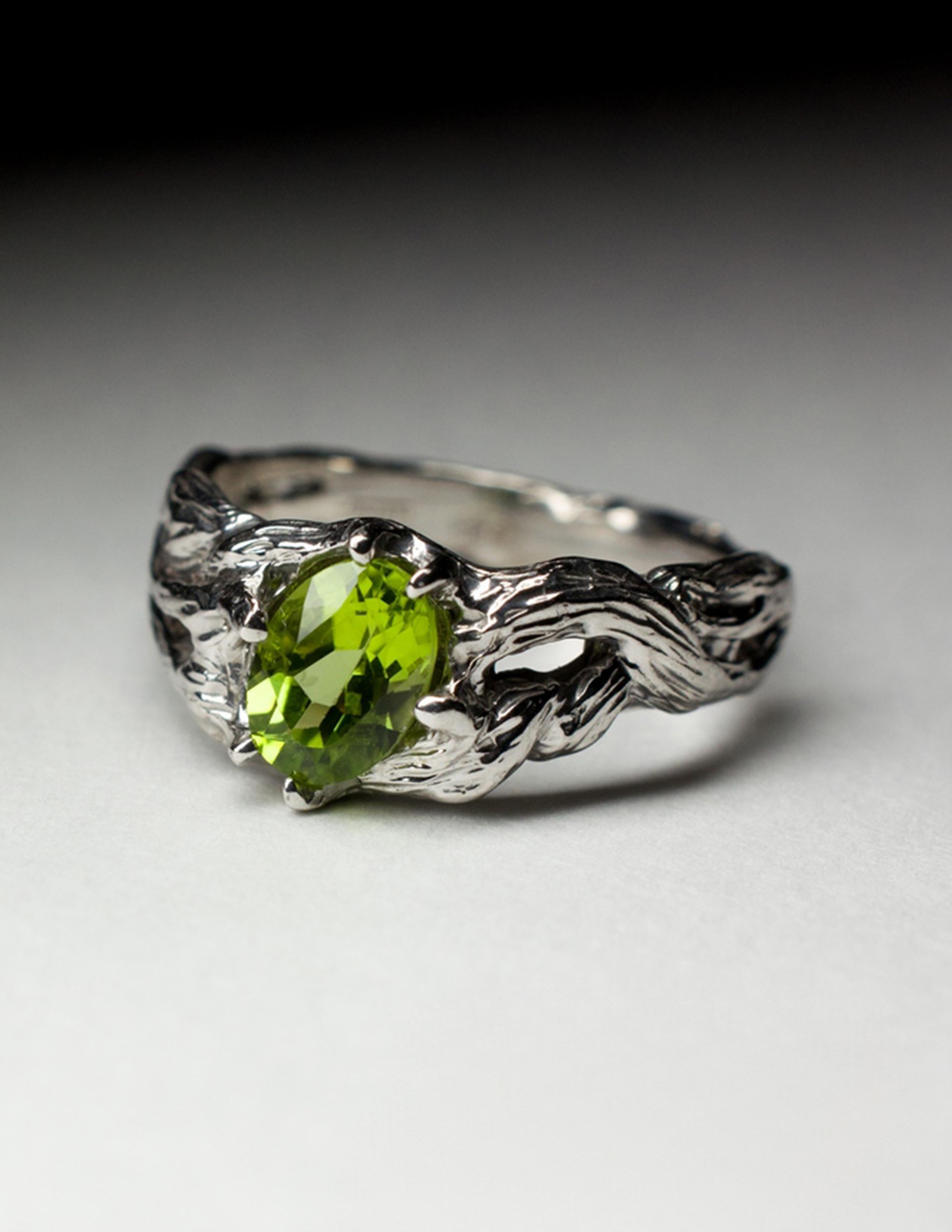 Peridot Silver Ring Fancy Oval Bright Green Natural Chinese Gemstone For Sale 3