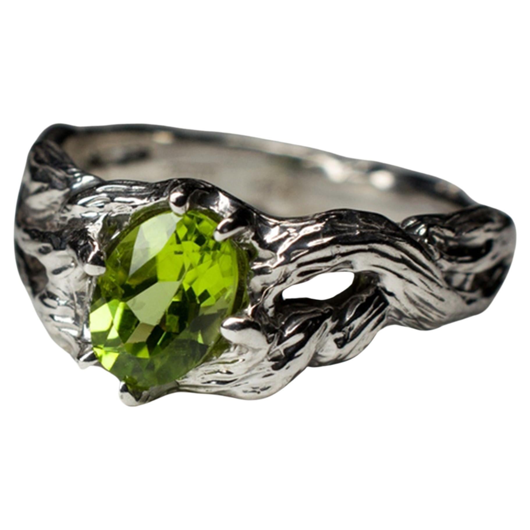 Peridot Silver Ring Fancy Oval Bright Green Natural Chinese Gemstone For Sale
