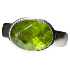 Peridot Silver Ring Natural Green Olivine Chrysolite Gemstone Unisex Jewelry 