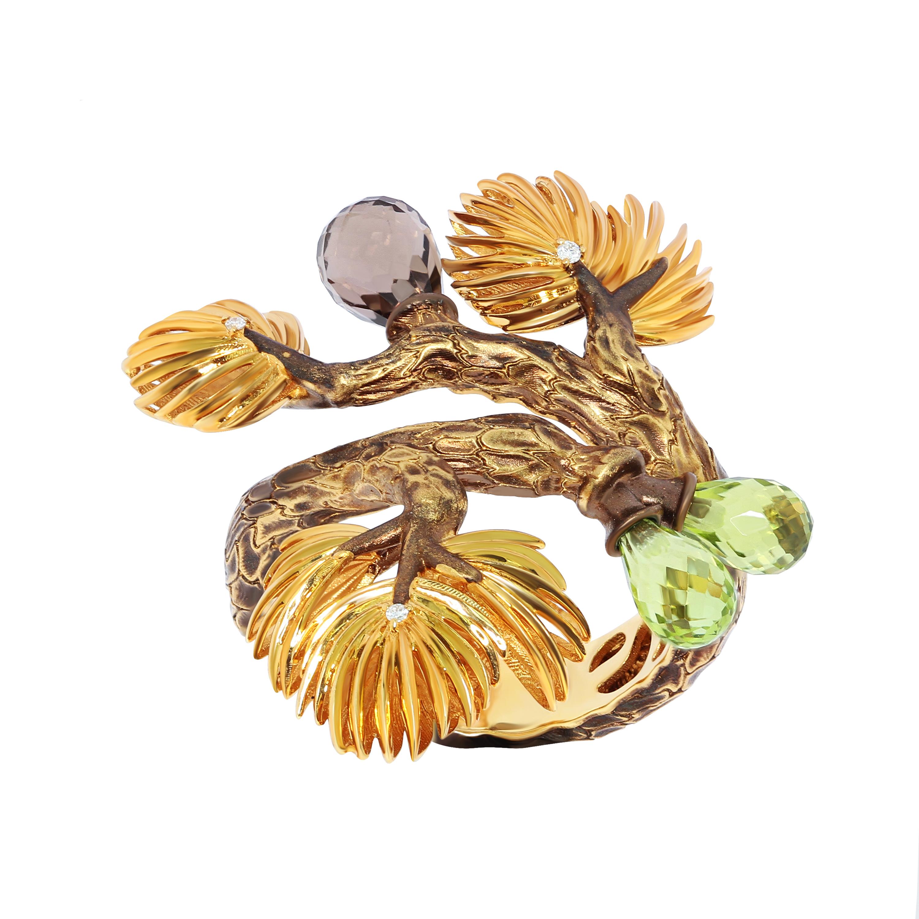 Peridot Smoky Quartz Diamonds 18 Karat Yellow Gold Pine Ring
The evergreen Pine is a symbol of immortality and vitality. Even in winter, when nature sleeps, this beautiful green tree reminds us that spring is coming. Our Ring from Forest Collection
