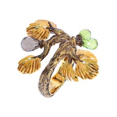 Peridot Smoky Quartz Diamonds 18 Karat Yellow Gold Pine Ring