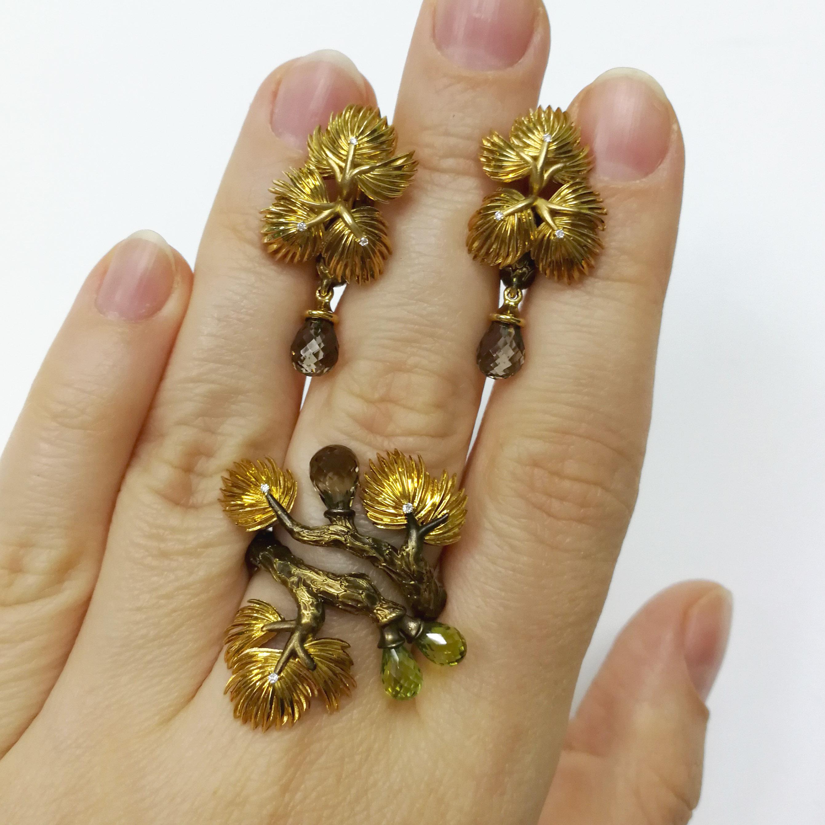 Peridot Smoky Quartz Diamonds 18 Karat Yellow Gold Pine Suite
The evergreen Pine is a symbol of immortality and vitality. Even in winter, when nature sleeps, this beautiful green tree reminds us that spring is coming. Our Suite from Forest