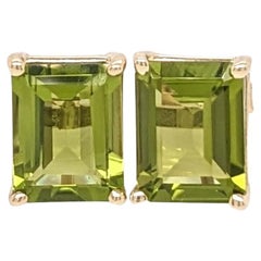 Peridot Solitaire Stud Earrings in Solid 14K Yellow Gold Emerald Cut 9x7mm