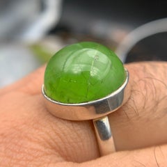 Peridot Sterling Silver Ring Vivid Green Cabochon Gemstone Round Shape, Size 9.5