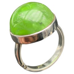 Peridot Sterling Silver Ring Vivid Green Cabochon Gemstone Round Shape, Size 9.5