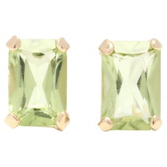 Retro Peridot Stud Earrings, 14K Gold, August Birthstone, Emerald Cut Stone Studs