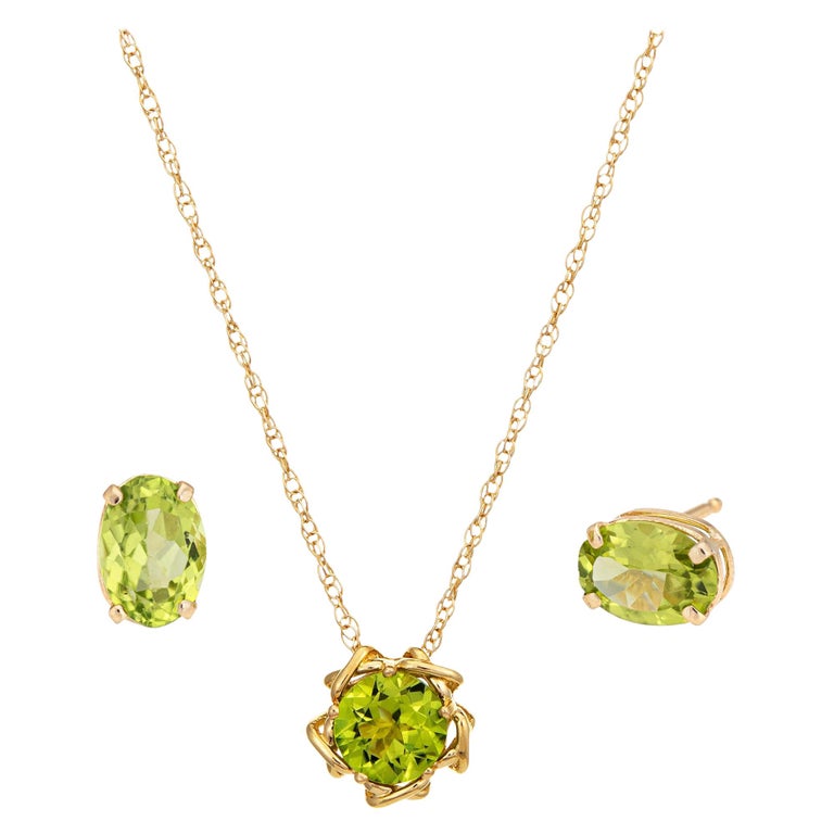 Peridot Stud Earrings and Necklace Set 14 Karat Yellow Gold Estate