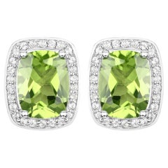 Peridot Stud Earrings White Topaz Halo 3 Carats Sterling Silver