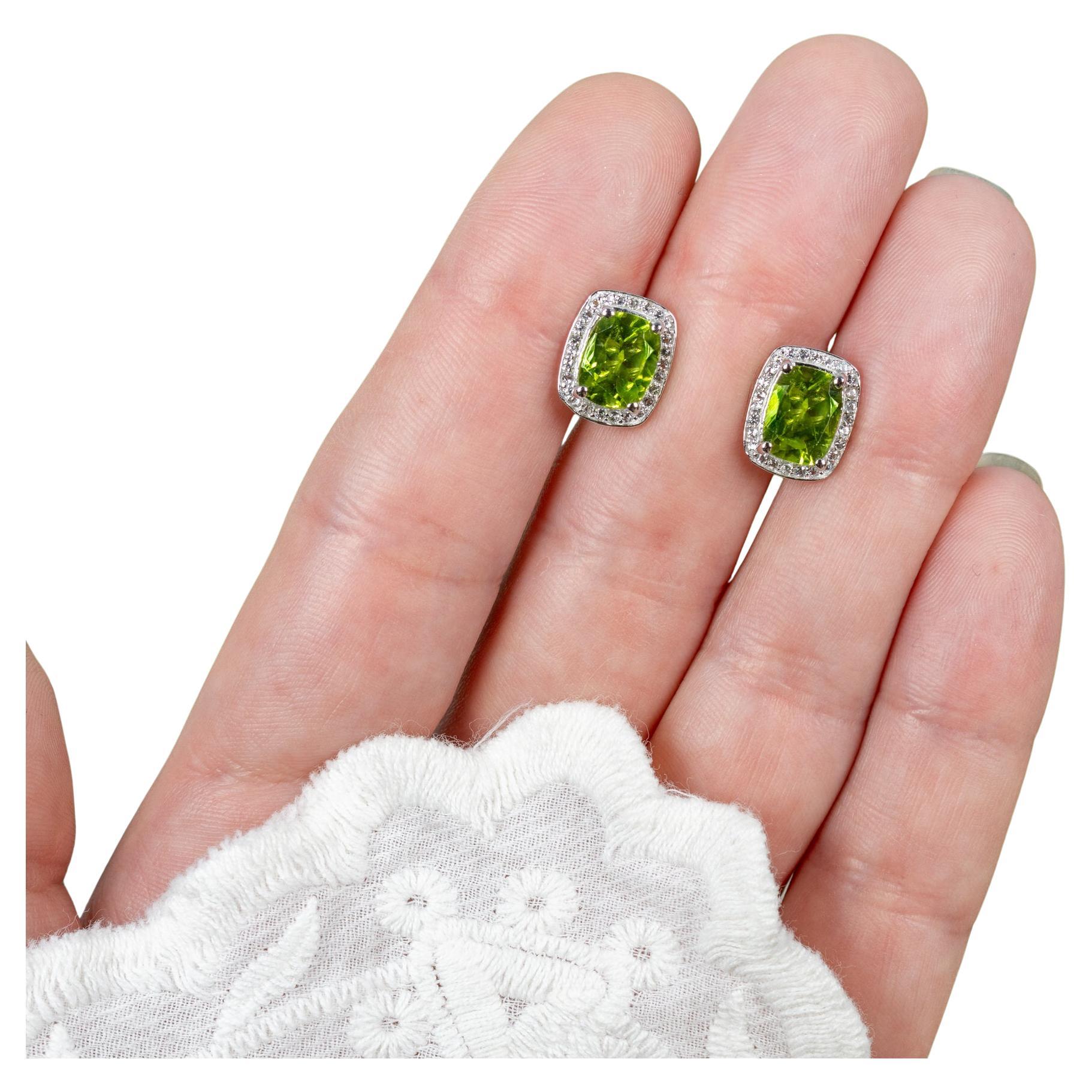 Peridot Stud Earrings White Topaz Halo 3 Carats Sterling Silver