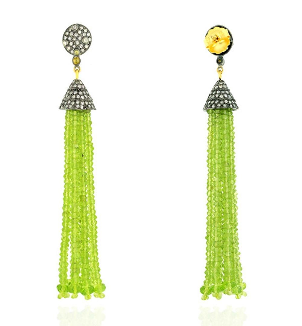 Artisan Peridot Tassel Earring With Pave Diamonds Made In 18k Yellow Gold & Silver For Sale