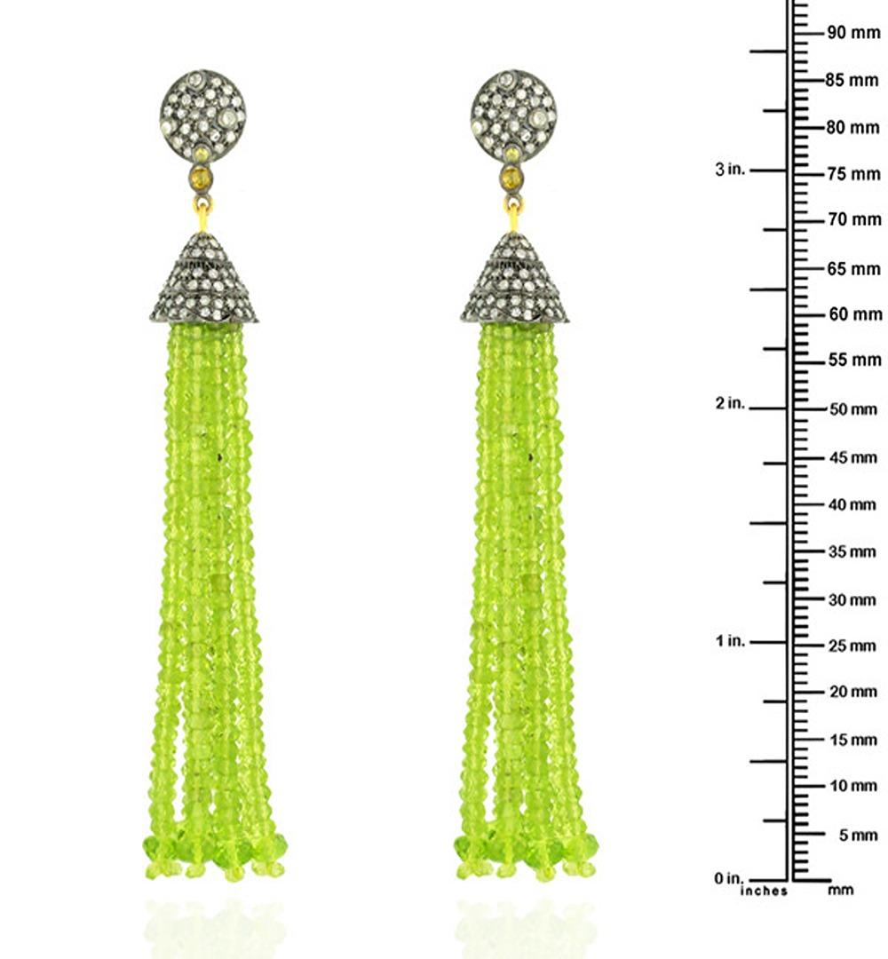 Mixed Cut Peridot Tassel Earring With Pave Diamonds Made In 18k Yellow Gold & Silver For Sale