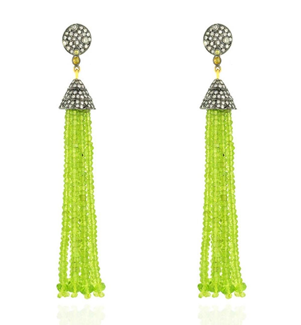 Peridot Tassel Earring With Pave Diamonds Made In 18k Yellow Gold & Silver In New Condition For Sale In New York, NY