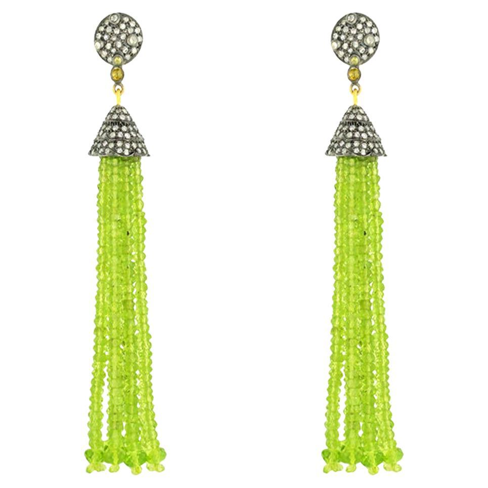 Peridot Tassel Earring With Pave Diamonds Made In 18k Yellow Gold & Silver