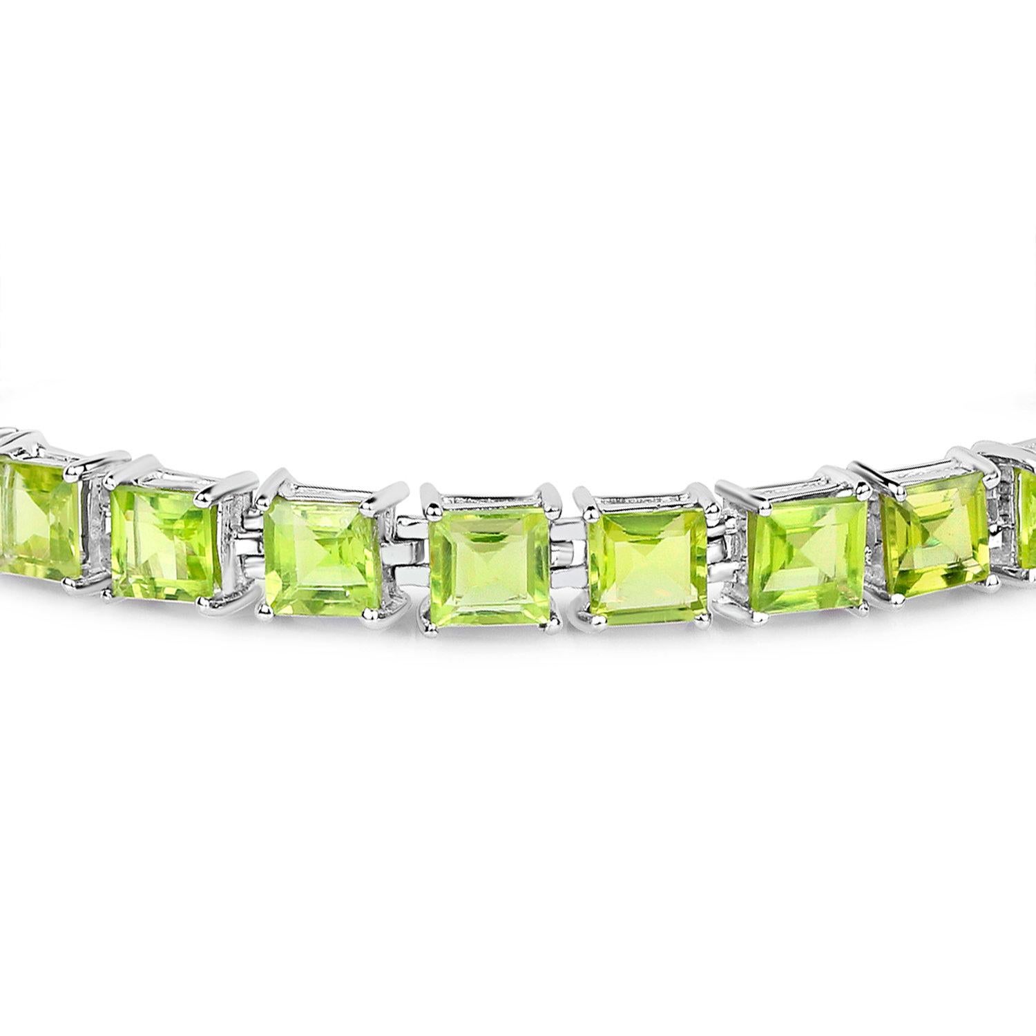Square Cut Peridot Tennis Bracelet 15 Carats Rhodium Plated Sterling Silver For Sale