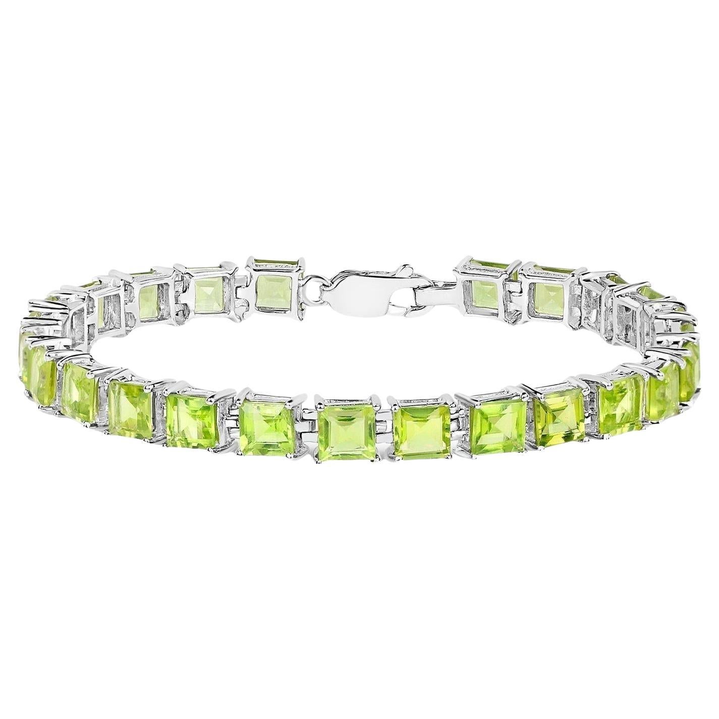 Peridot Tennis Bracelet 15 Carats Rhodium Plated Sterling Silver For Sale