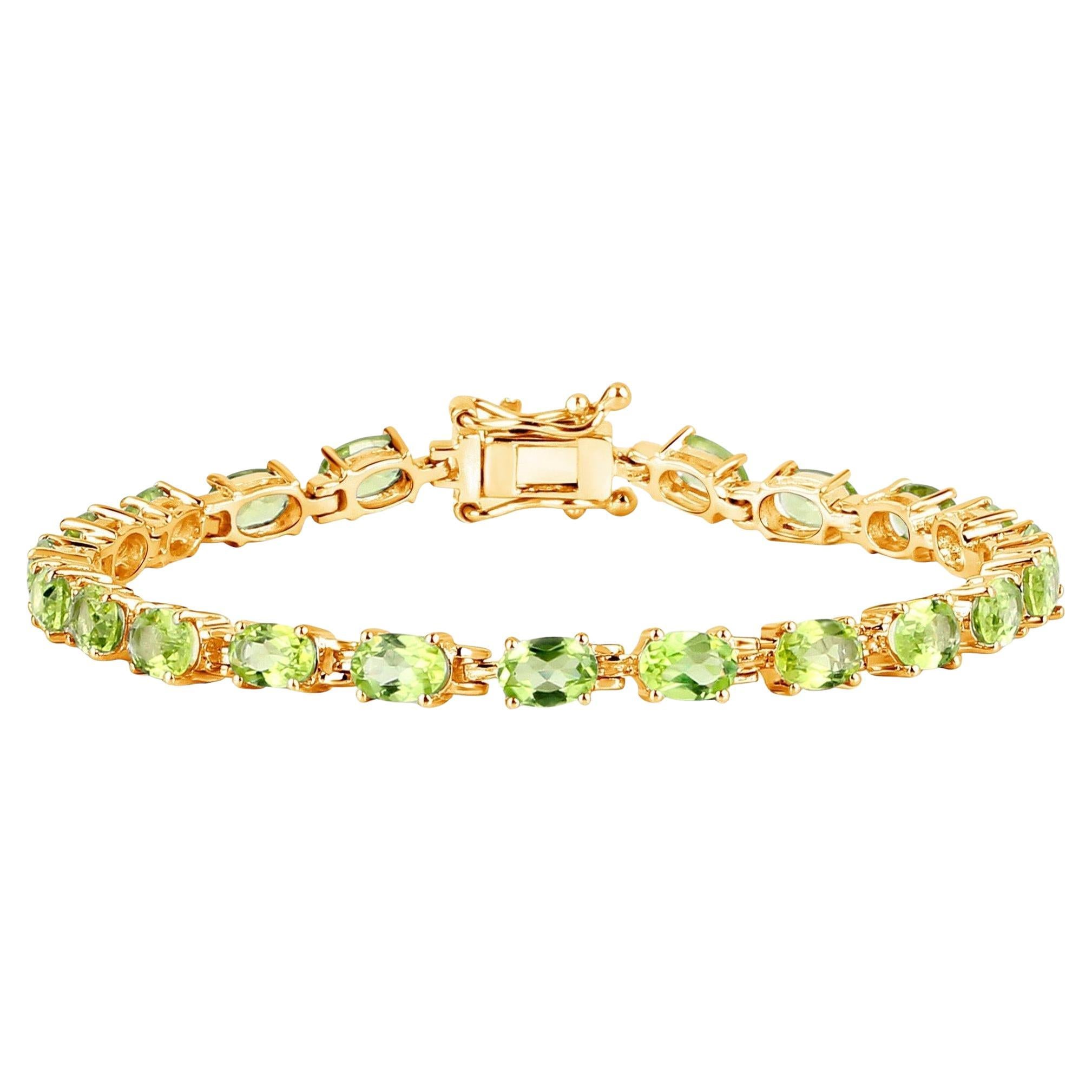 Bracciale Tennis con Peridoto 8,6 Carati Taglio Ovale Argento Placcato Oro Giallo 14K in vendita