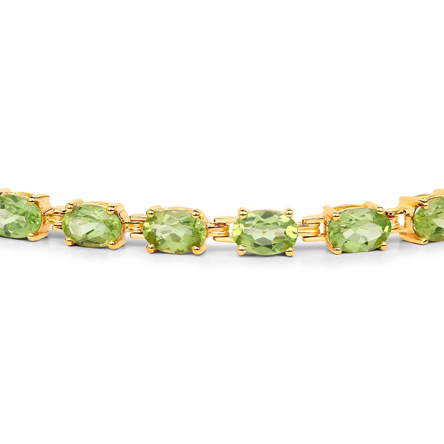 Oval Cut Peridot Tennis Bracelet 9.03 Carats 18K Yellow Gold Plated Sterling Silver For Sale