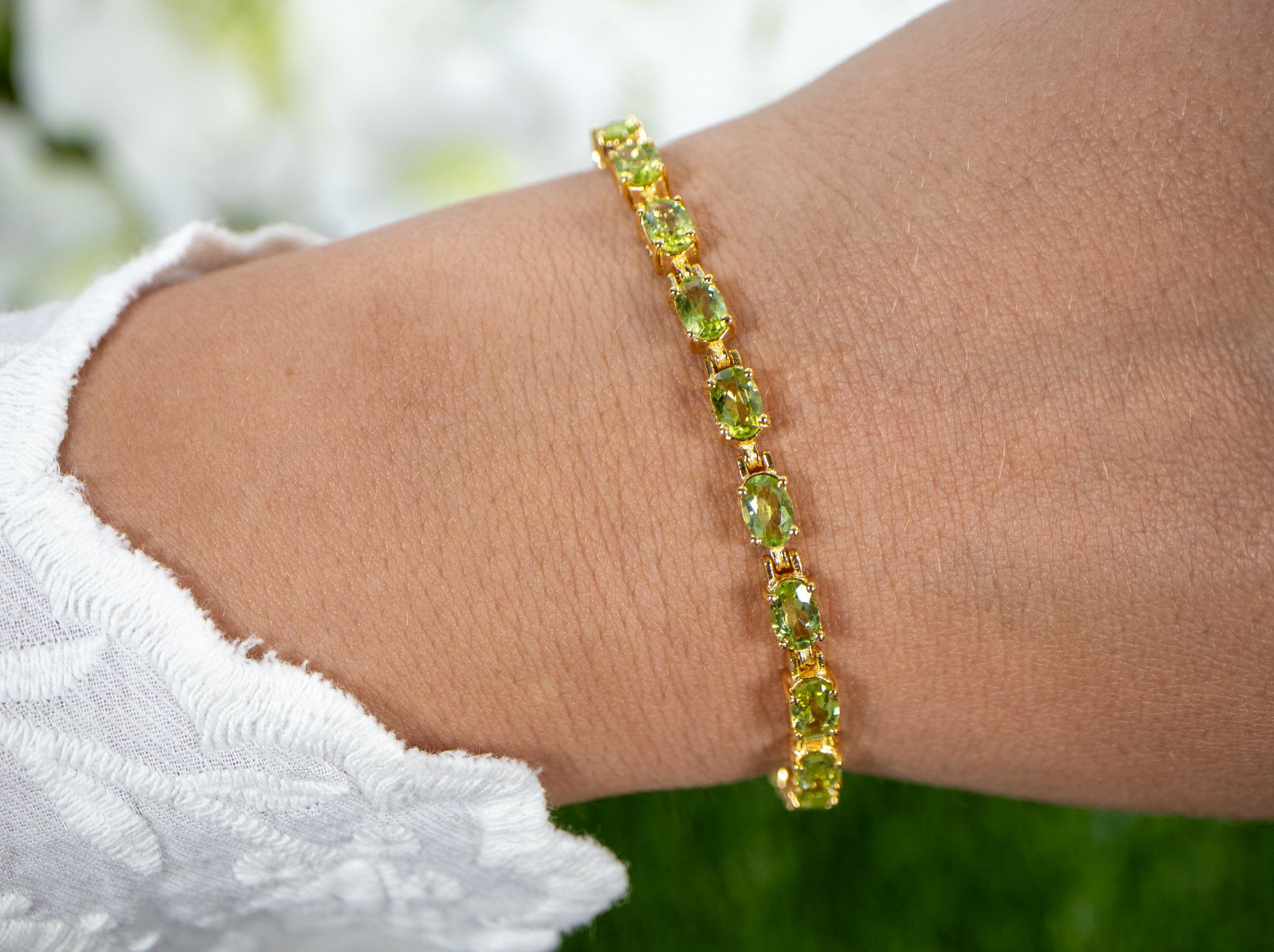 Contemporary Peridot Tennis Bracelet 9.03 Carats 18K Yellow Gold Plated Sterling Silver For Sale